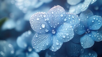 Close up of delicate blue hydrangea flowers adorned with water droplets, showcasing nature's beauty after rainfall mockup, mock up, template, empty, for text, place, copyspace, copy space