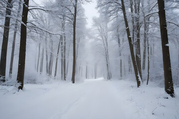 Naklejka premium Snowy path winding through a serene winter forest