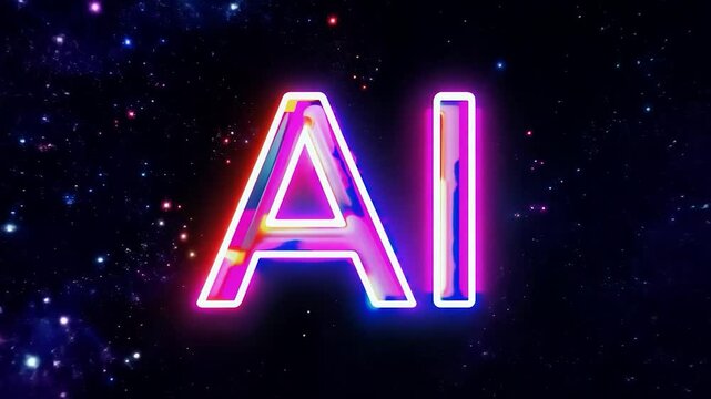 Glowing neon ai logo appearing on a colorful galaxy background. Great for explainer video, presentation or social media post about artificial intelligence