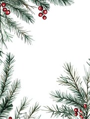 Watercolor Christmas Border with Pine Branches and Red Berries