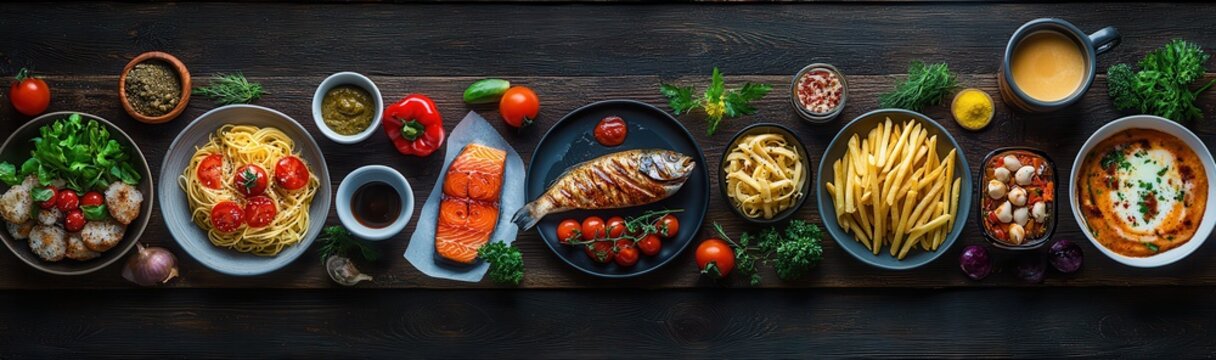 Vibrant Overhead View of a Gourmet Dining Table Spread with Various Delicious Dishes Including Fish, Pasta, Salads, and Sauces on a Dark Wooden Background