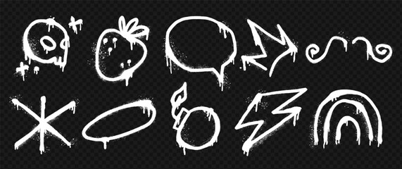 
White spray art vector featuring skull, strawberry, and speech bubble. Grunge style background with crown, rainbow, lightning, and bomb symbols.