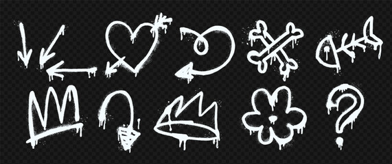 White spray art set vector with arrows, heart, flower, question mark, fish skeleton, and crown elements. Grunge background featuring splatter, drips. © annetdebar