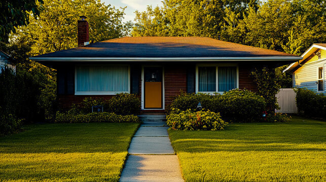 A stock photo of a charming 1950s small home with a modest front yard.