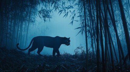 Midnight Panther in Bamboo Forest - Majestic black panther silently moves through a misty Japanese bamboo forest at night. Mystery, elegance, power, nature, serenity.