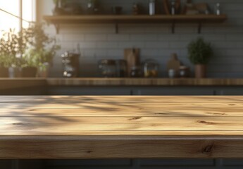 Warm and Inviting Kitchen Scene with Wooden Table Surface, Sunlight Streaming Through Window, Plants and Kitchenware in Background, Cozy Atmosphere