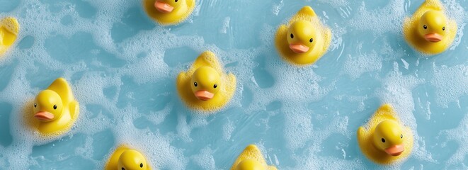 Colorful rubber duckies floating beautifully on a watery background in a playful arrangement, banner, background