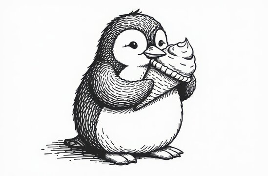 Cartoonish contour drawing plumpy penguin with ice cream standing, white background. Ice cream shop concept, copy space