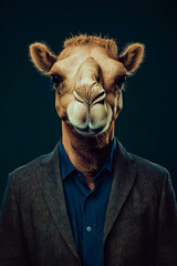 Camel looking directly at the camera, dressed in a stylish, informal yet cool casual CEO look.