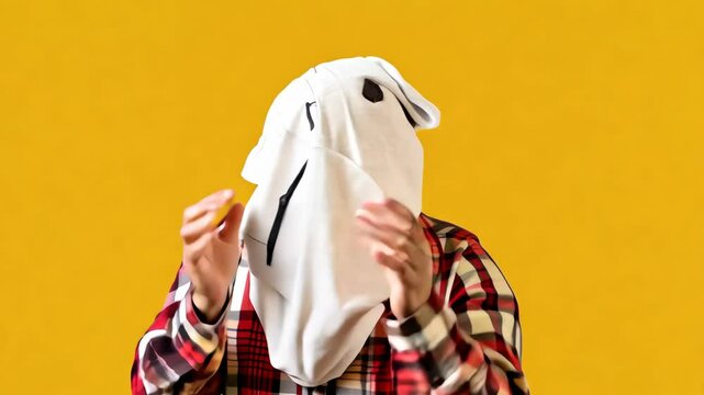 A scared man covering his face with white ghost sheet featuring simple drawn eyes, posed against vibrant yellow backdrop. Humorous but sad shameful moment ends with sudden dash offscreen.
