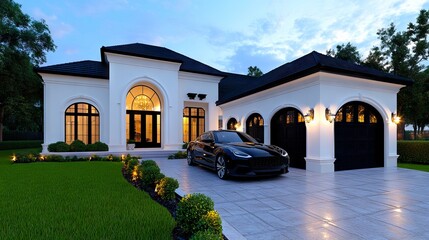 A black car is parked in front of a white house