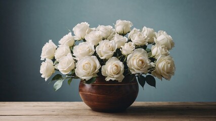 Bouquet of White Roses in a Ceramic Vase on a Wooden Table