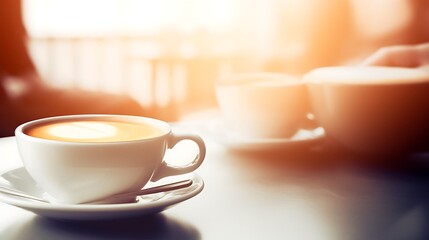 Fototapeta premium A Latte Art Coffee Cup In A Sunny Cafe Setting