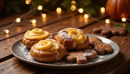 Homemade Cookies on a Plate, Wooden Table, Festive Garland Lights in Background
