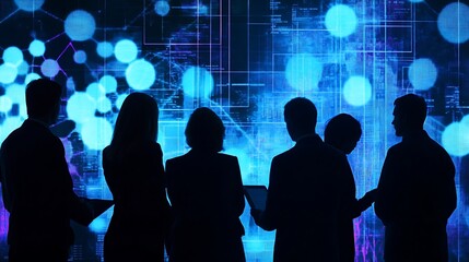 Silhouettes of professionals against a digital backdrop, suggesting innovation and technology.