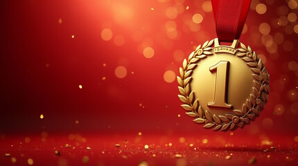 gold medal with number one for 1st place on  red festive background with confetti, Free space for text, Golden symbol of winner sport competition