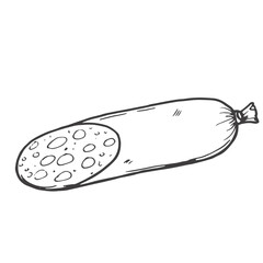 Salami sausage outline icon vector illustration. Line hand drawn slices and delicatessen pork roll, Italian chorizo or smoked German traditional sausage, food ingredient and butchers shop product