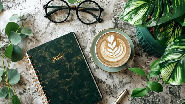 Planning for success with a coffee and a 2025 diary on a stylish table
