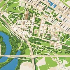 Aerial View of Urban City Landscape Featuring Roads, Green Spaces, Waterways, and Buildings in a Vibrant and Detailed Map Illustration for City Planning and Development Purposes