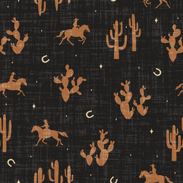 Brave cowboys seamless vector pattern men galloping on horses through the desert wild west Western