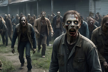 Horde of gruesome zombies approaching in post apocalyptic scene