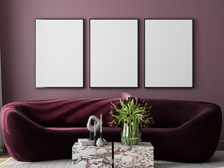 Frame mockup, ISO A paper size. Living room wall poster mockup. Interior mockup with house background. Modern interior design. 3D render
