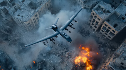 Military drone conducts surveillance over war-torn city amidst smoke and explosions