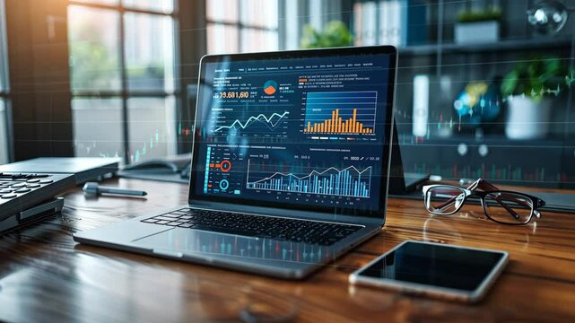 Data analysis and visualization on a laptop in a modern office setting during the day