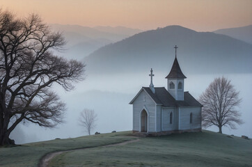 Fototapeta premium Misty Hilltop Chapel with Soft Mountain Views in Serene Landscape