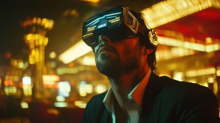 Futuristic man wearing advanced virtual reality headset in neon-lit casino environment, showcasing immersive technology and modern entertainment experiences.