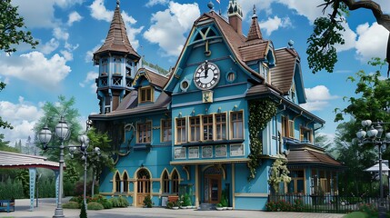 There is a clock tower on this nice blue house in the old city and can be used for various ways