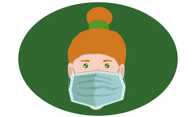 a girl with red hair on a green background wearing a medical mask