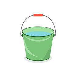 a green bucket with a red handle full of water
