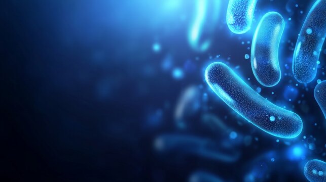 Probiotics, Various probiotic bacteria such as: Lactobacillus, Bifidobacteria with digital glow on a blue background 