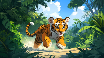 A playful tiger cub chasing its tail in a jungle clearing. Jungle Tiger Chase. Illustration