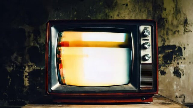 Slow zoom in, entering the eerie flickering screen of a vintage television set in dark decrepit room, set against peeling wall, creating haunting scary scene.
