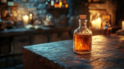 Cozy pub. Glass potion bottle with amber liquid on a wooden bar counter.