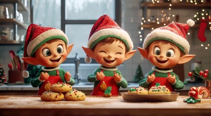 Obraz premium Three Cute Elves Baking Cookies in a Festive Kitchen with Christmas Decorations. A Cozy and Cheerful 3D Cartoon Illustration for Holiday Campaigns.
