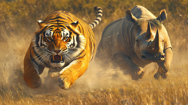 Illustration of a photo of a wild animal, a tiger running and being chased by a two-horned rhinoceros in the grasslands. Jungle Tiger Chase. Illustration