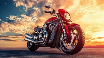 Sleek Red Motorcycle at Sunset - Powerful red motorcycle embodying speed, freedom, adventure, power, and sunset.