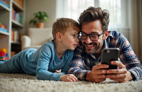 Father, son lying on floor use phone for selfie. Dad shows son tech skills. Happy family indoor. Fun weekend activity. Tech use in safe way for children. Digital literacy for kids. Quality time