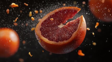 Dramatic Blood Orange Halved: Jewel-Toned Interior with Citrus Mist and Zest on a Black Background, Ultra Sharp Focus in High-Resolution Commercial Food Photography.