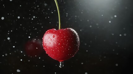 Glossy Bright Red Cherry with Water Droplets: Dramatic Studio Lighting, Ultra Sharp Focus, Black Background, High-Resolution 8K Food Photography.