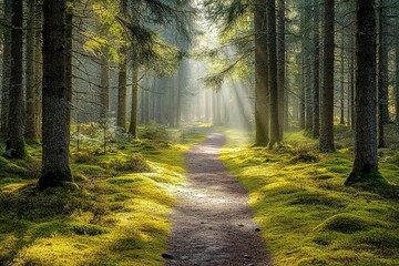 Sunbeams illuminating a forest path and mossy ground.