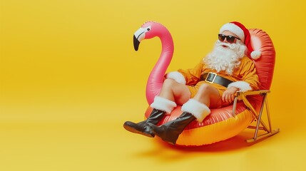 Santa Claus in a Yellow Suit Relaxing on an Inflatable Flamingo Chair Against a Yellow Background. Perfect for Tropical Holiday Ads or Travel Agency Campaigns 2026 - 2027.