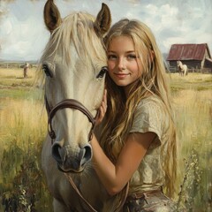 Fototapeta premium Portrait of a girl with a horse on a farm