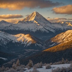A serene mountain view at sunrise, with soft, golden light illuminating the snow-covered peaks and the valley below.