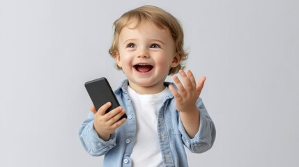 Fototapeta premium Happy child playing with smartphone indoor space candid moment neutral background joyful expression