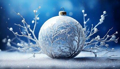 A white, decorative bauble surrounded by frosted twigs and lying on the snow