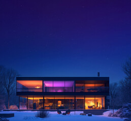 6 room modern house luxury high end residential home divided into 6 rooms, each with different-colored lighting and decorated with various objects like furniture or . Outside the windows at night, the